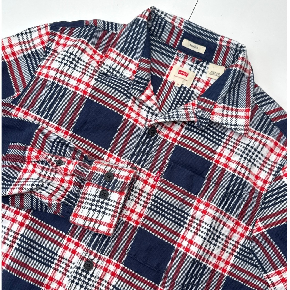 Levis Mens Relaxed Heavyweight Flannel M Navy Red White Plaid Cotton Button Up